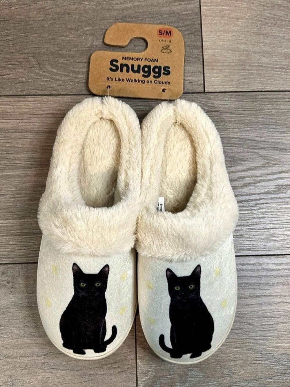 SNUGGS Black Cat Slippers Fuzzy Memory Foam, S/M 6-8 NEW WITH TAGS Off White